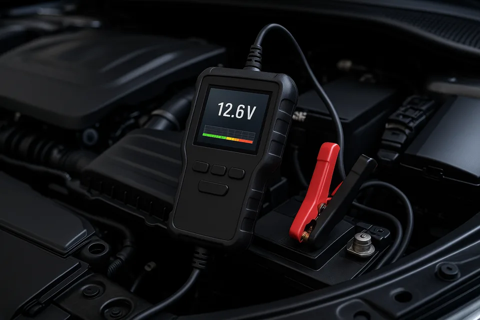 Tester diagnostyczny akumulatora podłączony zaciskami do baterii 12 V w komorze silnika — na wyświetlaczu wynik pomiaru napięcia spoczynkowego 12,6 V; profesjonalny test akumulatora i prądu rozruchowego CCA w Piasecznie, Józefosławiu i okolicach