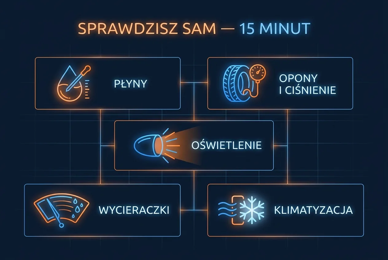 Infografika: pięć punktów przeglądu auta do sprawdzenia samodzielnie w 15 minut — płyny, opony i ciśnienie, oświetlenie, wycieraczki, klimatyzacja