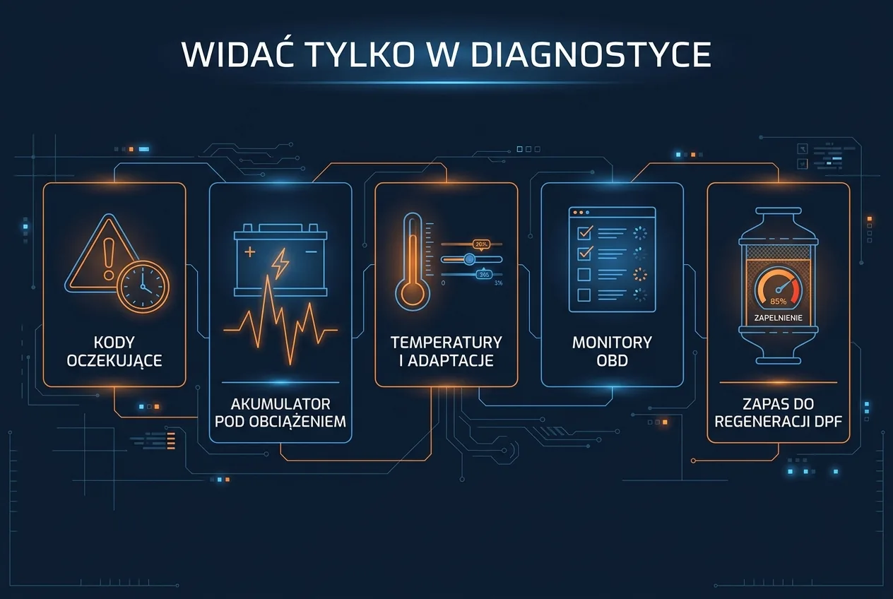 Infografika: pięć rzeczy widocznych dopiero w diagnostyce komputerowej — kody oczekujące, akumulator pod obciążeniem, temperatury i adaptacje, monitory OBD, zapas do regeneracji DPF
