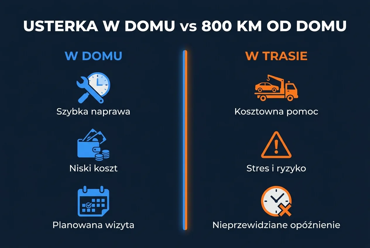 Infografika porównawcza: ta sama usterka wykryta w domu przed wyjazdem kontra awaria 800 km od domu — koszt i konsekwencje
