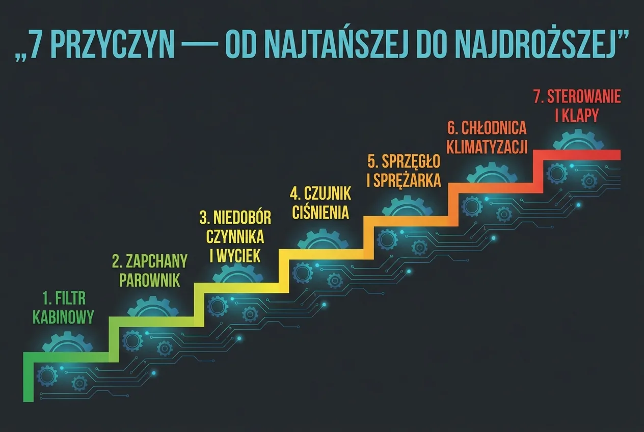 Drabinka 7 przyczyn słabego chłodzenia klimatyzacji uszeregowanych od najtańszej naprawy (filtr kabinowy) do najdroższej (sterowanie i siłowniki klap)