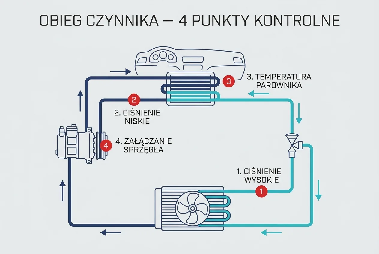 Schemat obiegu czynnika chłodniczego w samochodzie — sprężarka, skraplacz, zawór rozprężny, parownik — z czterema punktami kontrolnymi sprawdzanymi w diagnostyce