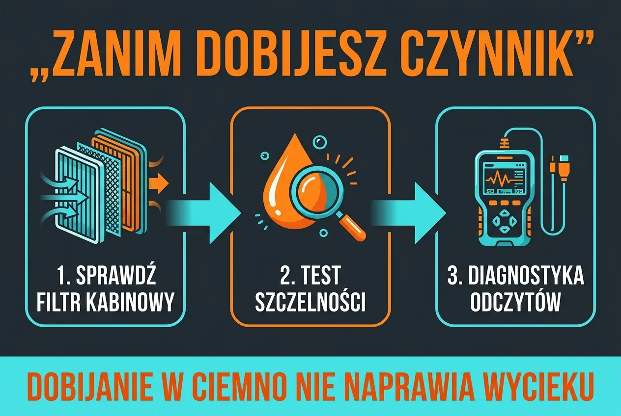 Trzy kroki przed uzupełnieniem czynnika w klimatyzacji — sprawdzenie filtra kabinowego, test szczelności układu i diagnostyka odczytów czujników