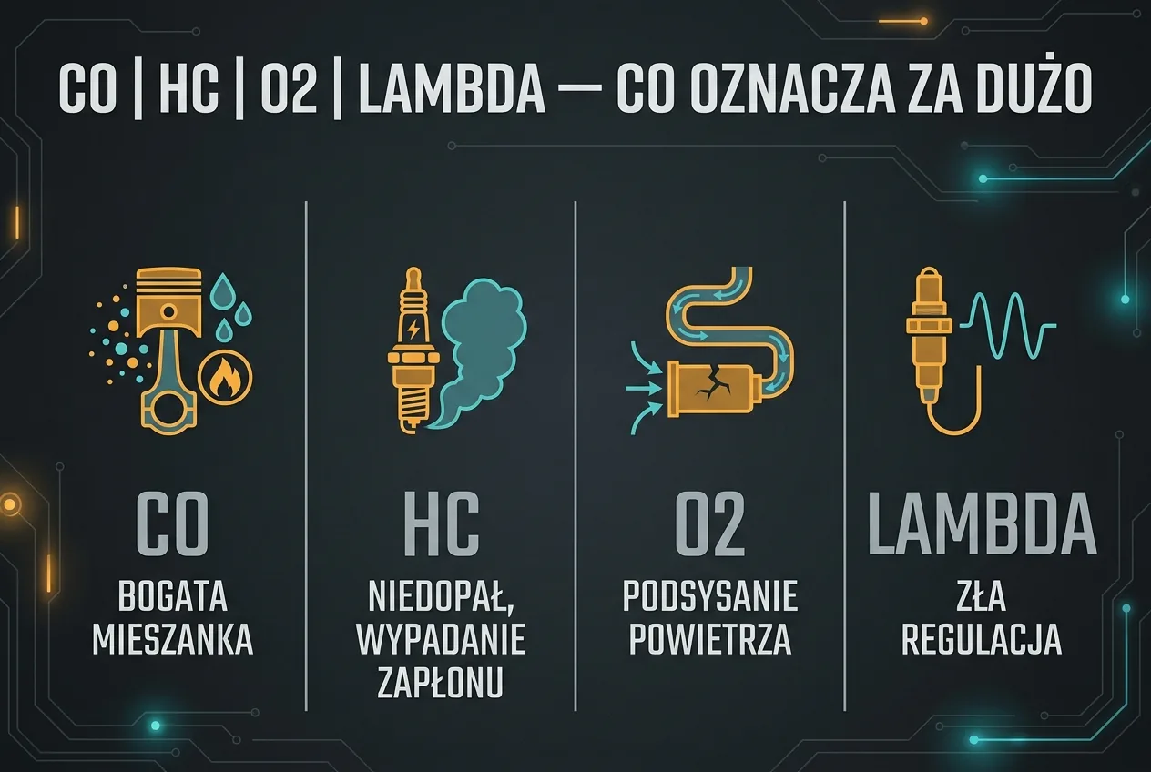 Tabela składników spalin benzyny: CO, HC, O2 i lambda z opisem, co oznacza podwyższona wartość każdego z 4 parametrów