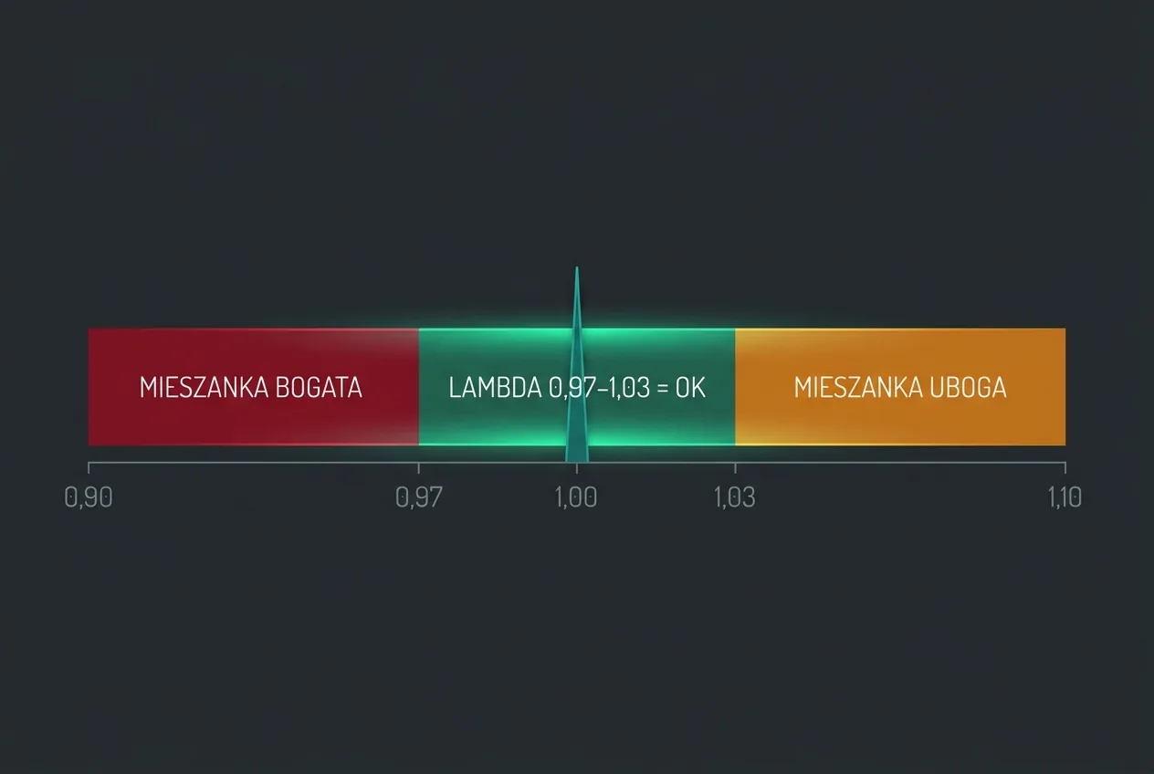 Wykres zakresu lambda — bezpieczne okno 0,97–1,03 na biegu jałowym, poniżej mieszanka bogata, powyżej 1,03 mieszanka uboga