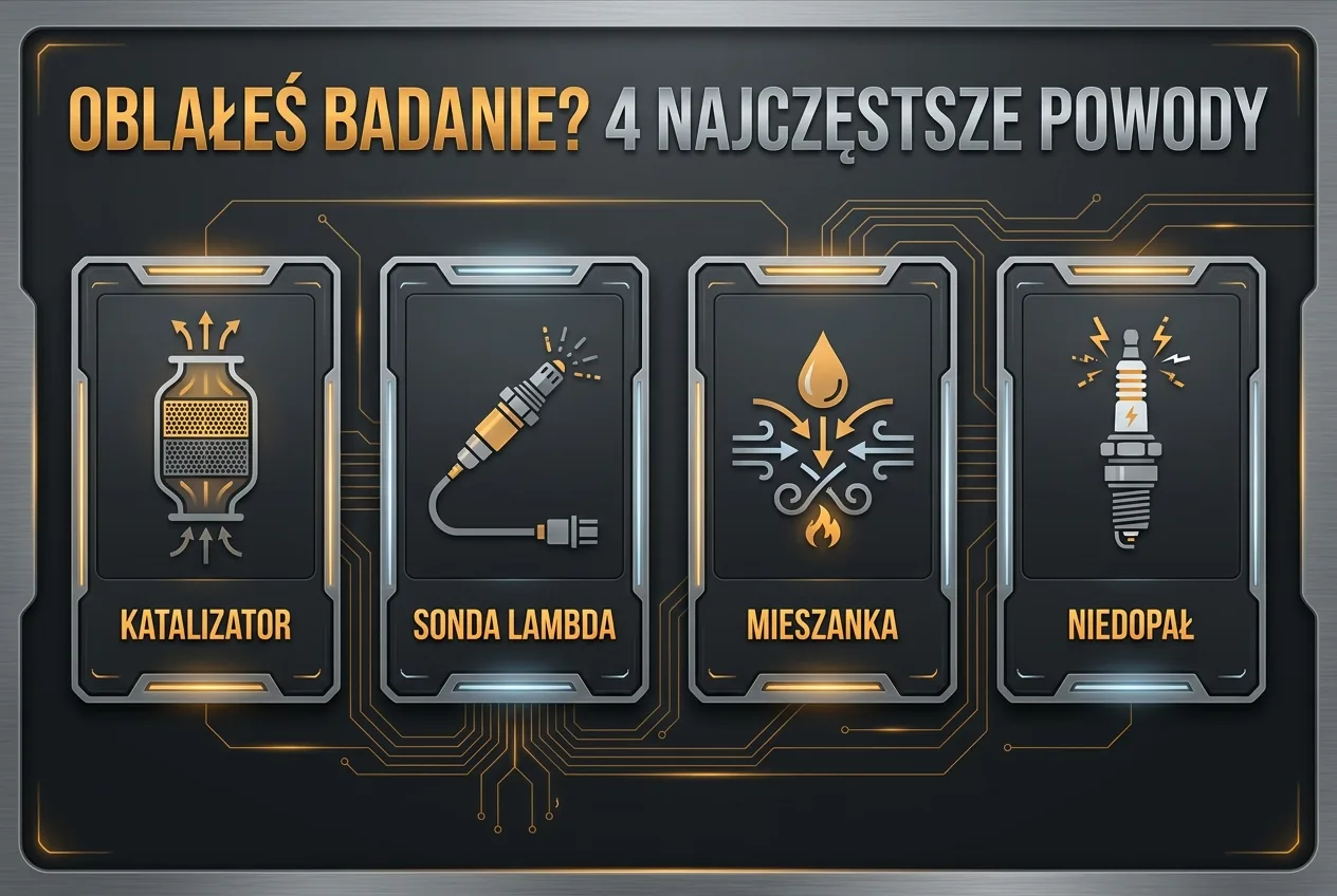 4 najczęstsze powody oblania badania emisji: zużyty katalizator, zmęczona sonda lambda, rozregulowana mieszanka i niedopał — 4 ikony diagnostyczne