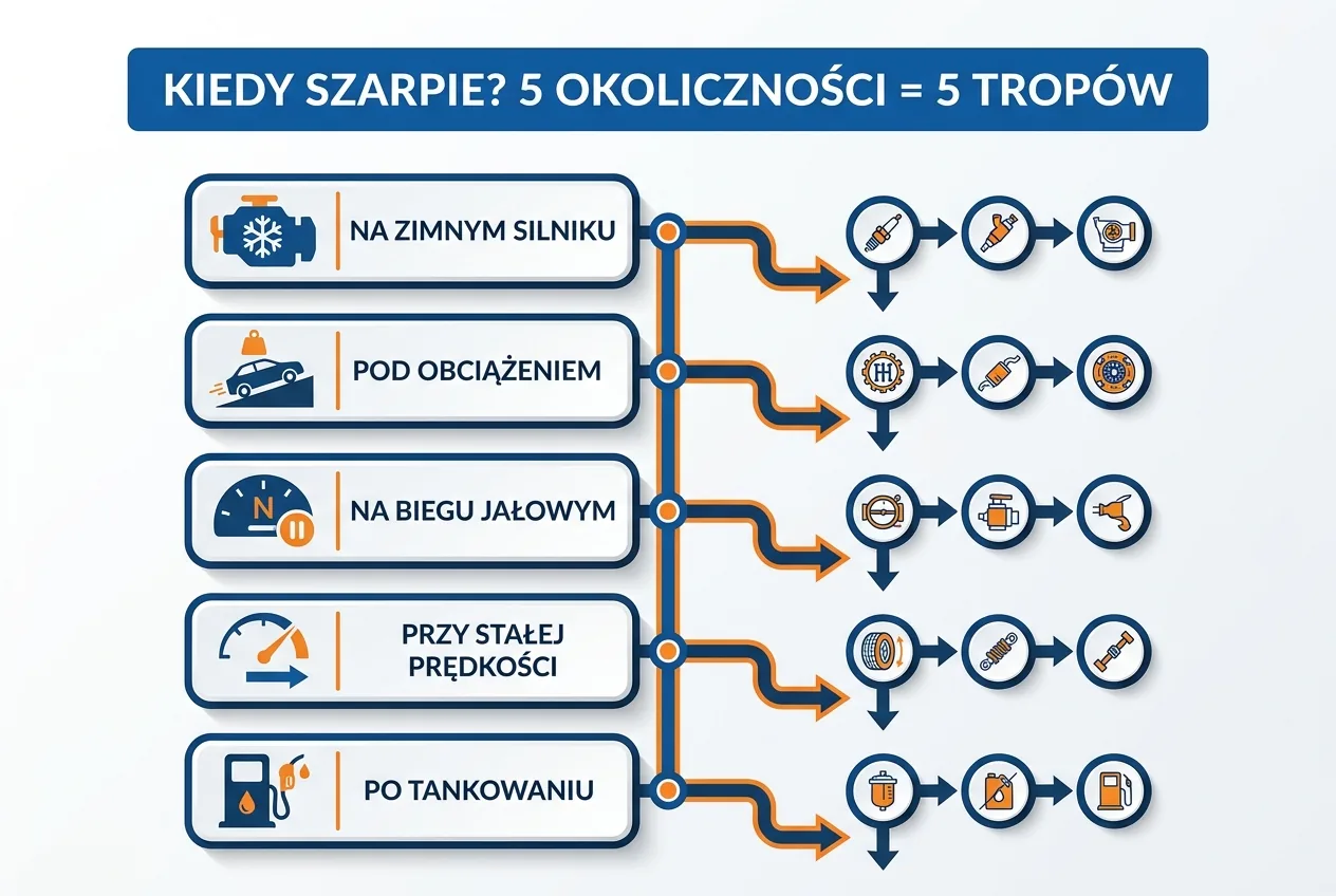 Infografika: pięć okoliczności szarpania auta — na zimnym silniku, pod obciążeniem, na biegu jałowym, przy stałej prędkości i po tankowaniu — jako pięć różnych tropów diagnostycznych