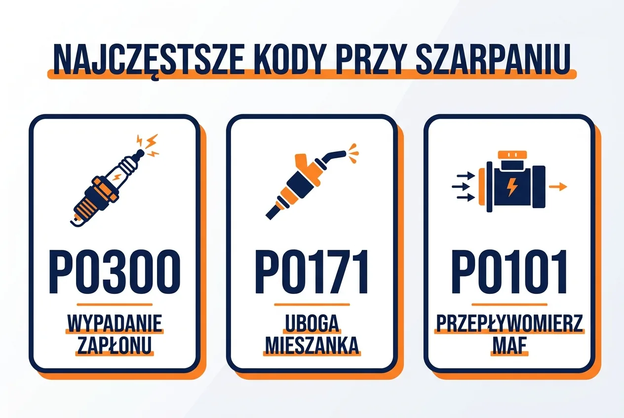 Trzy kafelki z najczęstszymi kodami błędów przy szarpaniu silnika: P0300 wypadanie zapłonu, P0171 uboga mieszanka, P0101 przepływomierz MAF