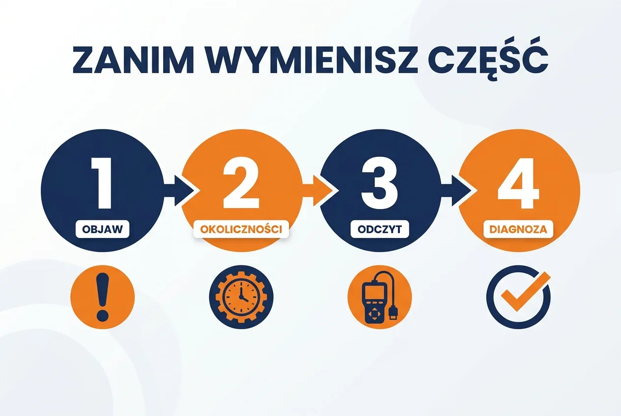 Schemat czterech kroków diagnozy szarpania: objaw, okoliczności wystąpienia, odczyt danych testerem i dopiero na końcu diagnoza — zamiast wymiany części na ślepo