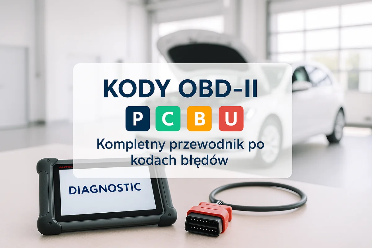 Jasny warsztat: tablet diagnostyczny Autel i złącze OBD-II, nad nimi kafelki kategorii kodów P, C, B, U i napis Kody OBD-II — kompletny przewodnik po kodach błędów