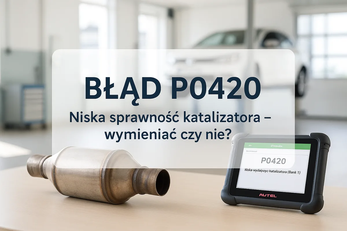 Jasny warsztat: katalizator samochodowy i tablet Autel z kodem błędu; napis Błąd P0420 — niska sprawność katalizatora, wymieniać czy nie