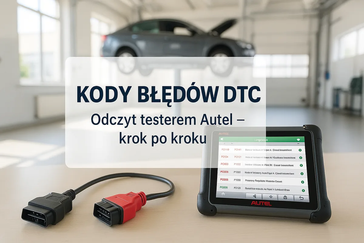 Jasny warsztat: tablet Autel z listą kodów błędów DTC (P0101, P0121, P0205) i kabel OBD-II na blacie; napis Kody błędów DTC — odczyt testerem Autel krok po kroku