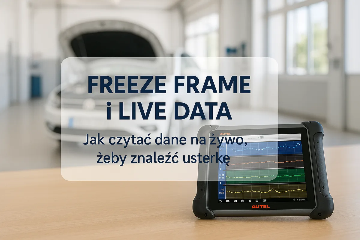 Jasny warsztat: tablet Autel z kolorowymi wykresami parametrów na żywo; napis Freeze Frame i Live Data — jak czytać dane na żywo, żeby znaleźć usterkę