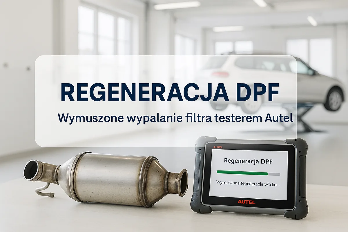 Jasny warsztat: filtr cząstek stałych DPF i tablet Autel z paskiem postępu regeneracji; napis Regeneracja DPF — wymuszone wypalanie filtra testerem Autel