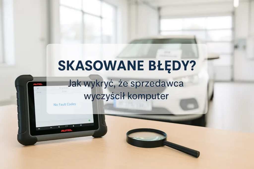 Jasne stanowisko diagnostyczne: tablet Autel z pustą listą kodów i lupa, w tle auto na sprzedaż; napis Skasowane błędy — jak wykryć, że sprzedawca wyczyścił komputer
