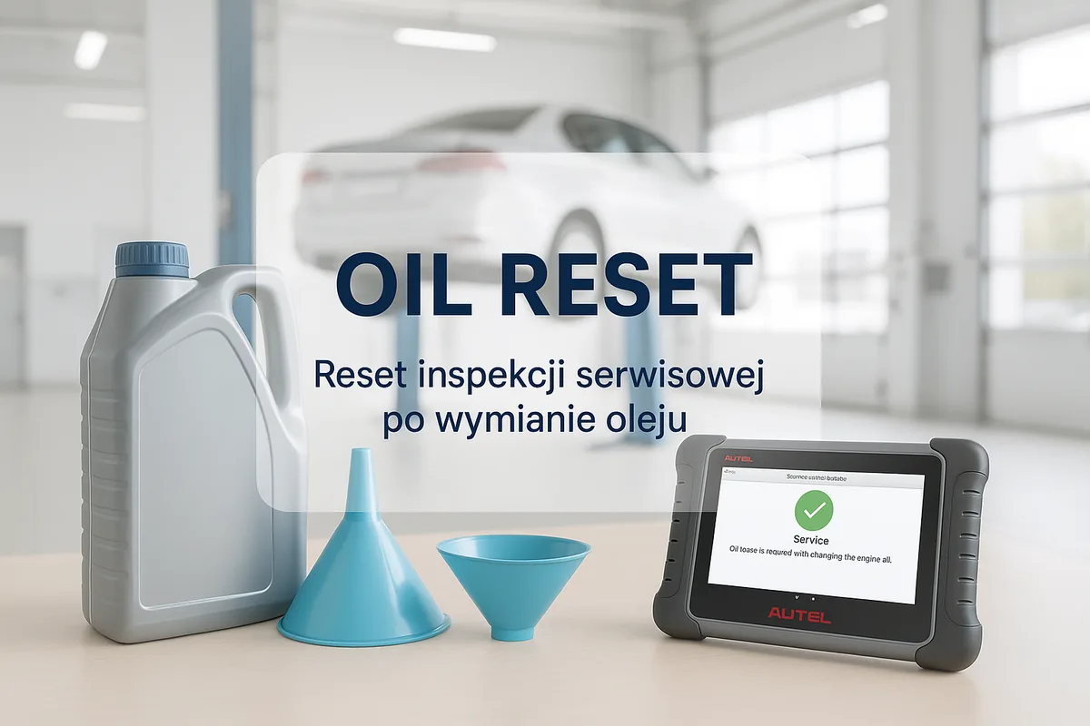 Jasny warsztat: kanister oleju, lejek i tablet Autel z komunikatem serwisowym; napis Oil Reset — reset inspekcji serwisowej po wymianie oleju
