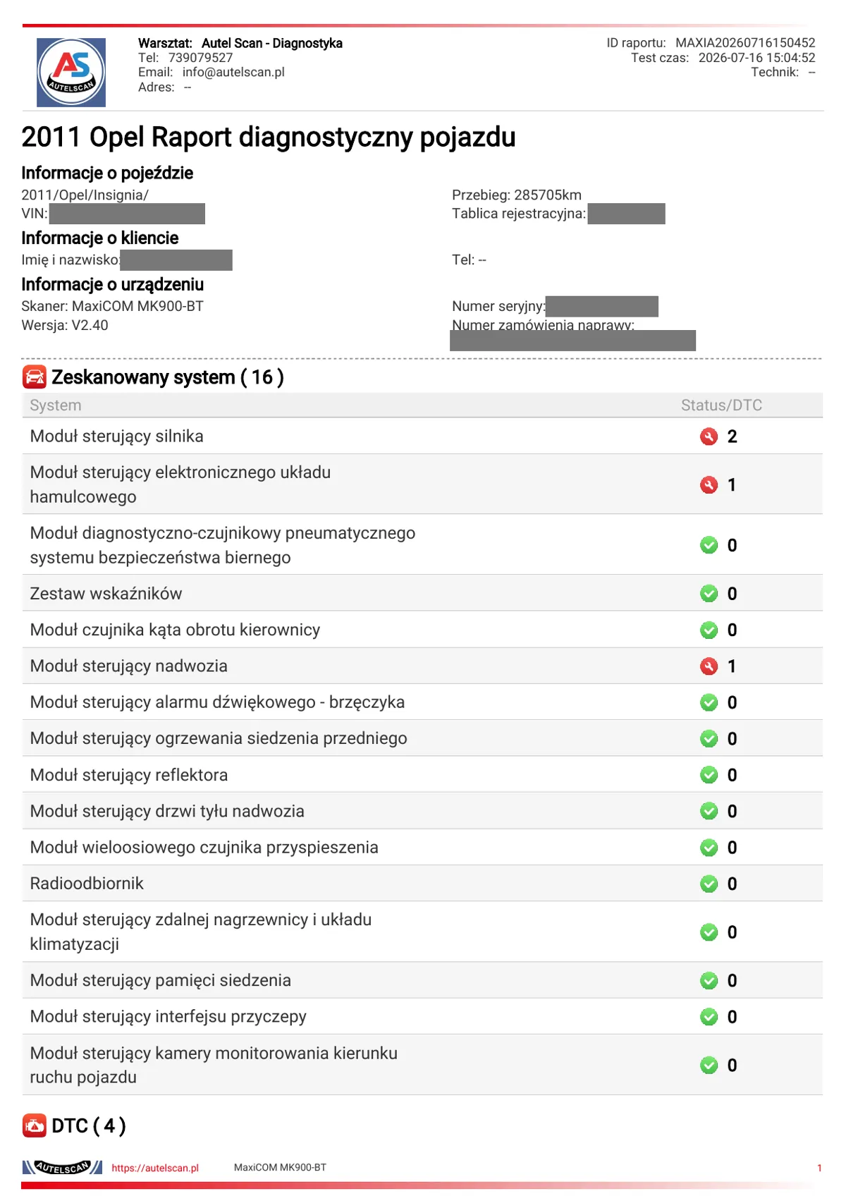Zanonimizowany raport diagnostyczny Opel Insignia — skan 16 modułów, kody DTC