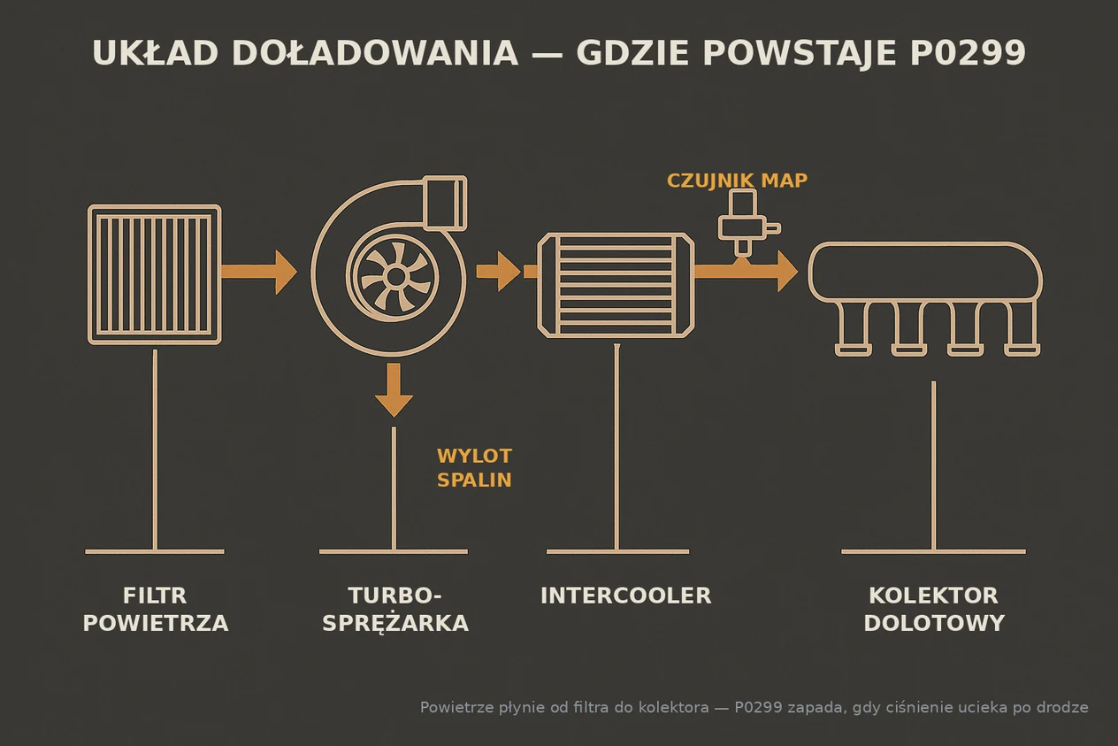 Schemat układu doładowania: powietrze przepływa od filtra przez turbosprężarkę i intercooler do kolektora dolotowego, czujnik MAP mierzy ciśnienie przed kolektorem — miejsca powstawania błędu P0299