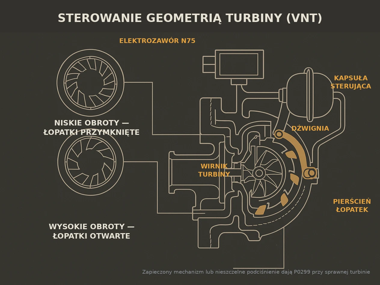 Schemat sterowania geometrią turbiny VNT: elektrozawór N75, kapsuła podciśnieniowa, dźwignia i pierścień łopatek; porównanie łopatek przymkniętych na niskich obrotach i otwartych na wysokich