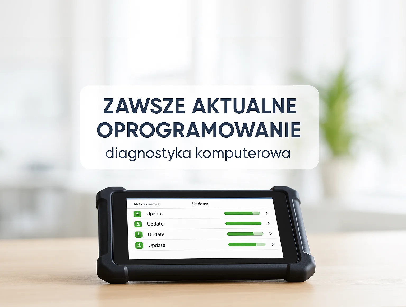 Tablet diagnostyczny w wzmocnionej obudowie na jasnym blacie, na ekranie lista pobieranych aktualizacji oprogramowania z zielonymi paskami postępu, nad nim plakietka z napisem: zawsze aktualne oprogramowanie — diagnostyka komputerowa