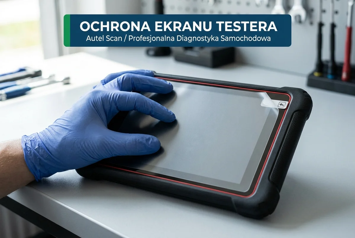 Dłoń w niebieskiej rękawiczce nitrylowej nakłada przezroczystą matową folię ochronną na ekran tabletu diagnostycznego w czarnej wzmocnionej obudowie z czerwoną ramką, nad zdjęciem plakietka z napisem: ochrona ekranu testera — Autel Scan, profesjonalna diagnostyka samochodowa