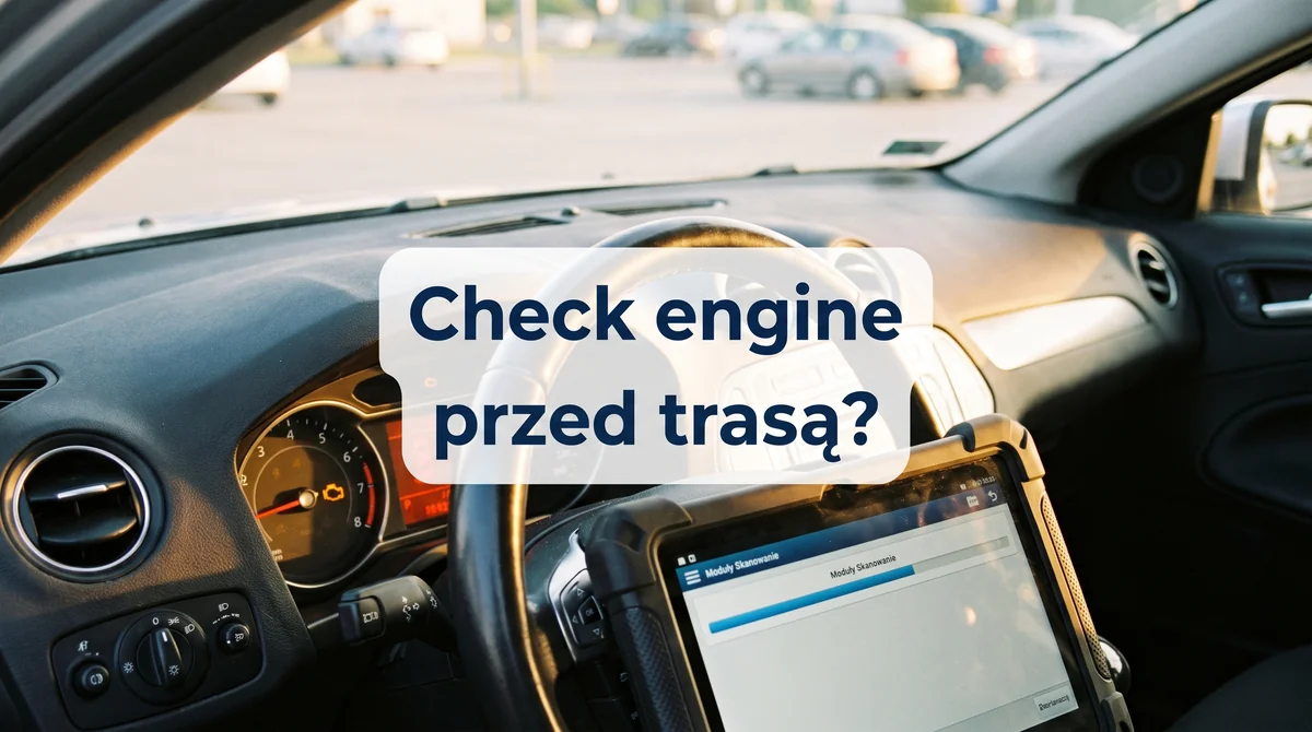 Deska rozdzielcza Volkswagena Passata ze świecącą pomarańczową kontrolką check engine i testerem diagnostycznym opartym o kierownicę, przed diagnostyką wyjazdową