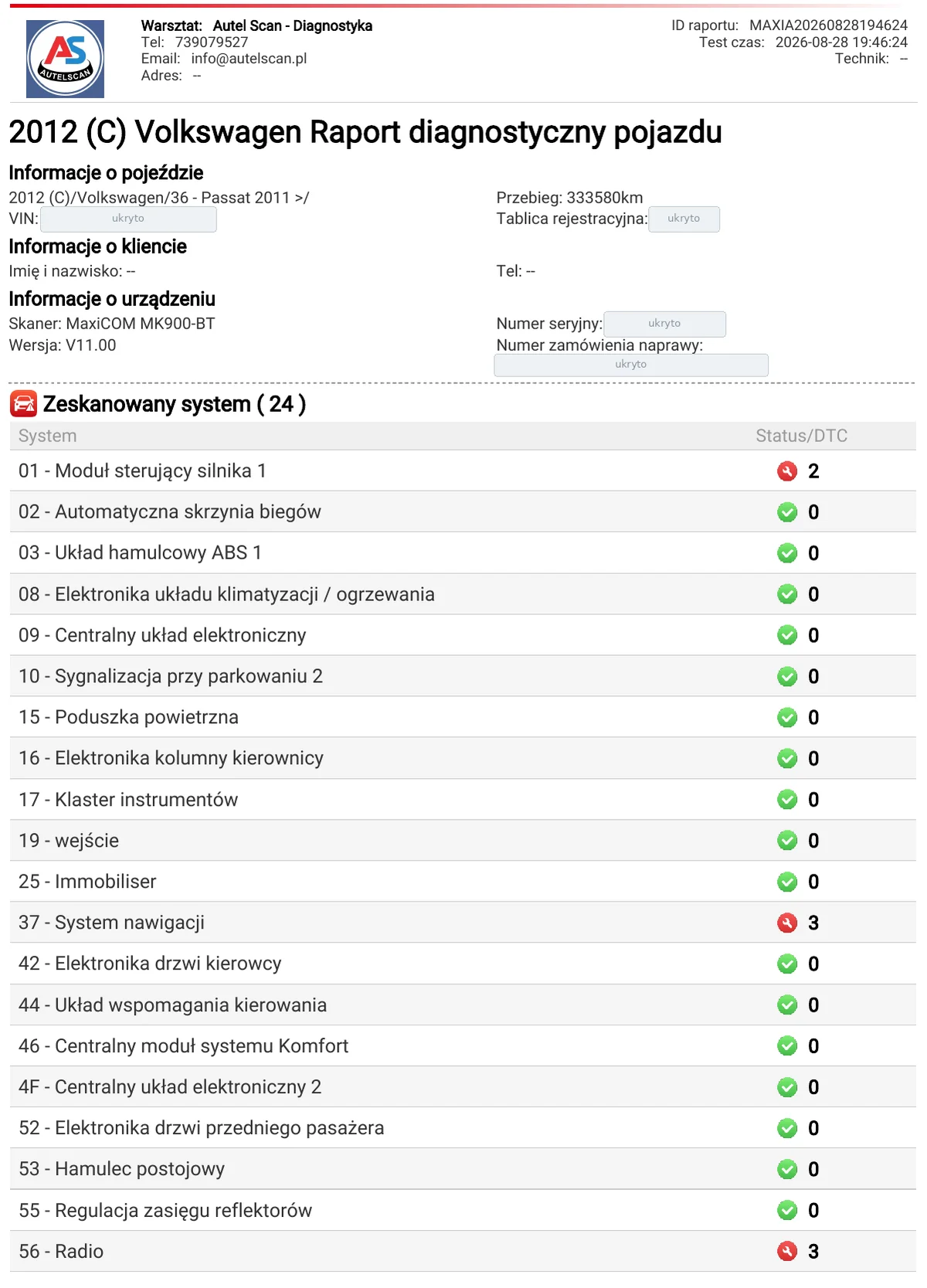 Raport autoskanu Volkswagena Passata przed skasowaniem pamięci: lista 24 modułów, moduł silnika 2 kody, system nawigacji 3, radio 3, kontrola ciśnienia w oponach 1, kamera cofania 1