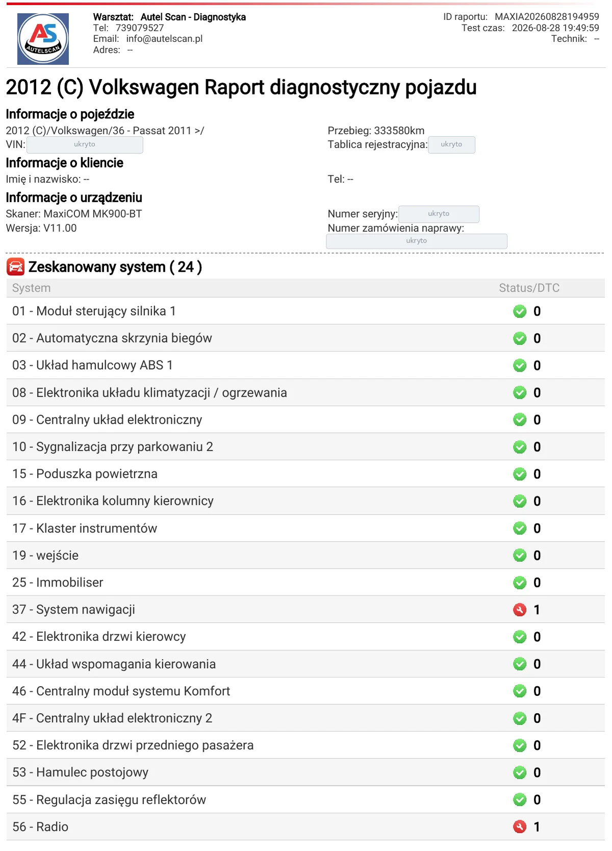 Raport odczytu kontrolnego Passata po skasowaniu pamięci błędów: moduł silnika 0 błędów, pozostały pojedyncze kody w nawigacji, radiu, TPMS i kamerze cofania