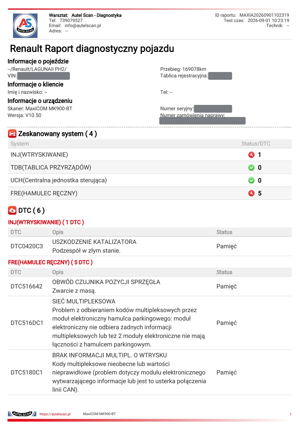 Raport pierwszego skanu Renault Laguna II z godziny 10:23: cztery moduły INJ 1, TDB 0, UCH 0, FRE 5, łącznie 6 kodów, w tym DTC0420 uszkodzenie katalizatora oraz 516642 i 516DC1 ze statusem Pamięć
