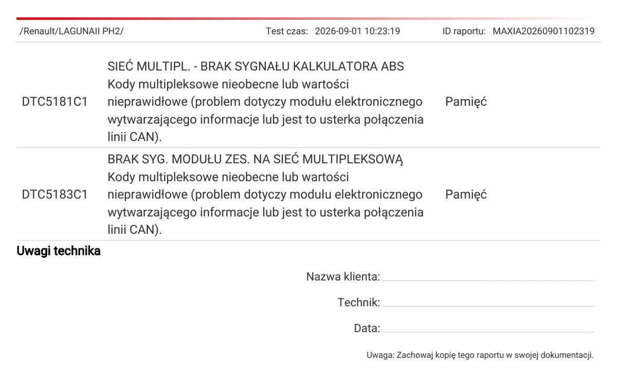 Druga strona raportu pierwszego skanu Laguny II: kody 5181C1 sieć multipleksowa brak sygnału kalkulatora ABS i 5183C1 brak sygnału modułu zestawu wskaźników, oba status Pamięć
