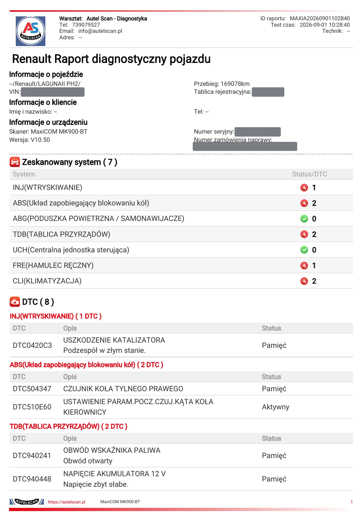 Raport drugiego skanu Renault Laguna II z godziny 10:28: siedem modułów INJ 1, ABS 2, ABG 0, TDB 2, UCH 0, FRE 1, CLI 2, w tym kody 504347 czujnik koła tylnego prawego, 510E60 kalibracja czujnika kąta kierownicy status Aktywny, 940241 obwód wskaźnika paliwa i 940448 napięcie akumulatora zbyt słabe