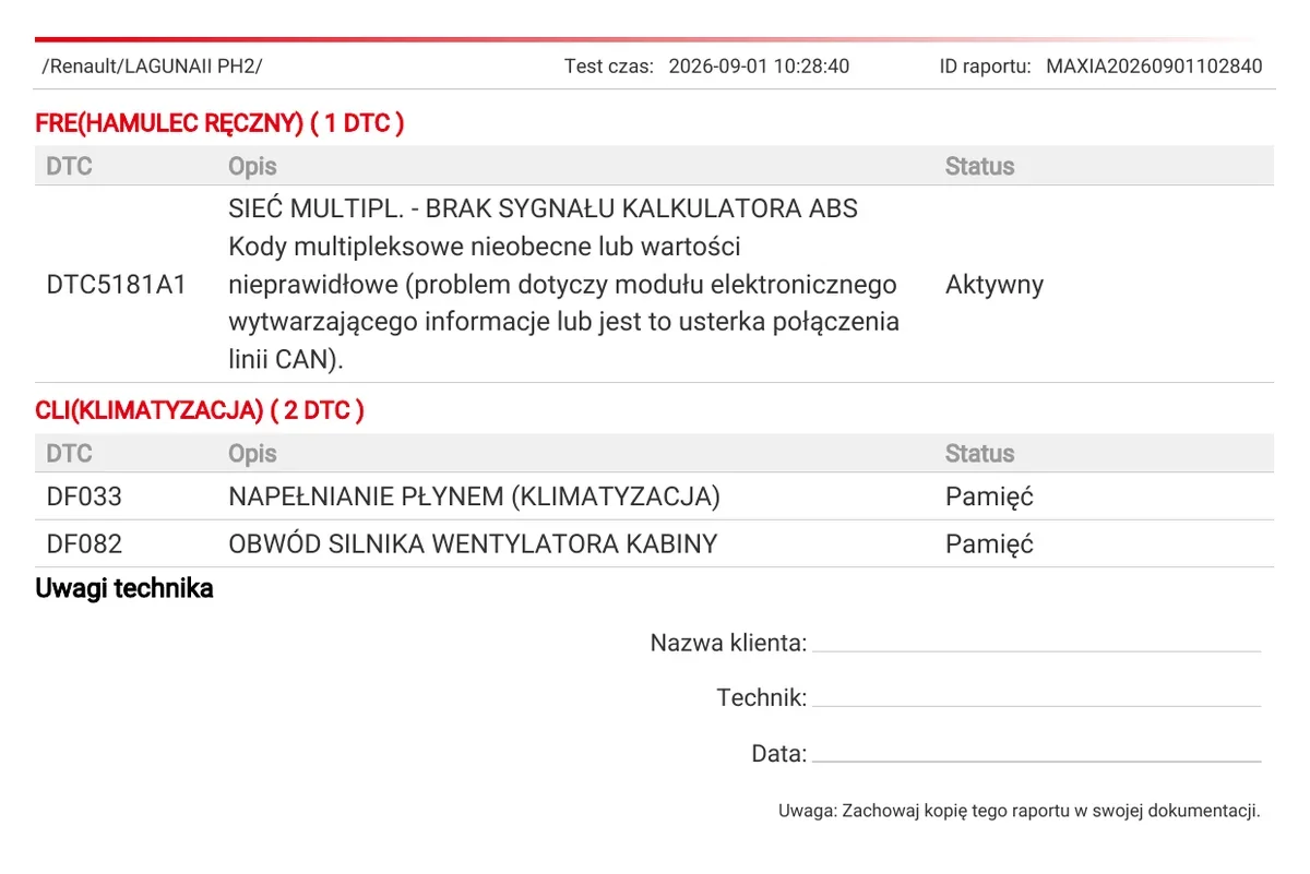 Druga strona raportu drugiego skanu Laguny II: kod 5181A1 sieć multipleksowa brak sygnału kalkulatora ABS ze statusem Aktywny oraz kody klimatyzacji DF033 napełnianie płynem i DF082 obwód silnika wentylatora kabiny ze statusem Pamięć