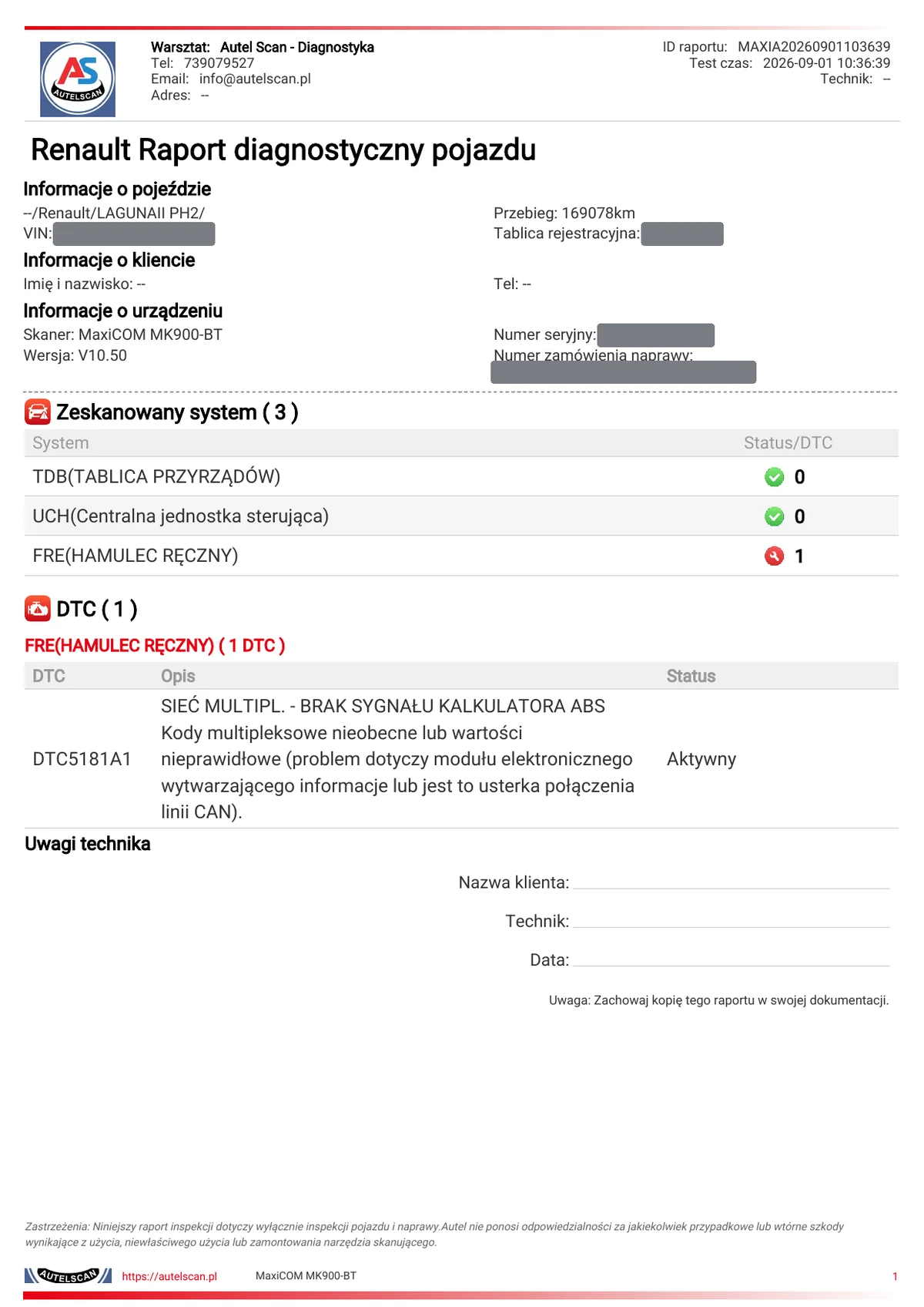 Raport trzeciego skanu Renault Laguna II z godziny 10:36: trzy moduły TDB 0, UCH 0, FRE 1 i jeden kod 5181A1 brak sygnału kalkulatora ABS ze statusem Aktywny jako jedyny wpis w całym pojeździe
