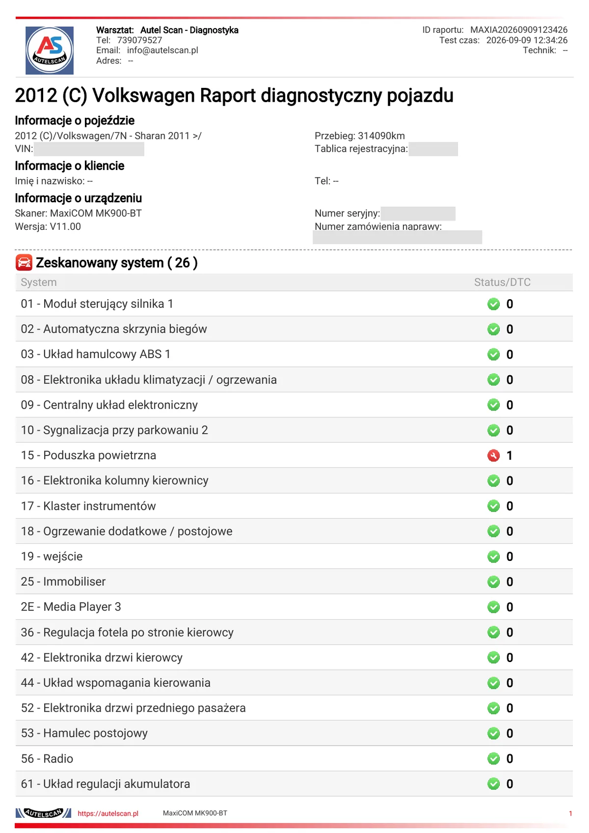 Pierwsza strona raportu drugiego skanu Sharana 7N wykonanego o 12:34 po skasowaniu pamięci: lista 26 przeskanowanych sterowników, sterownik 01 silnika i 02 automatycznej skrzyni biegów nadal z zerową liczbą kodów