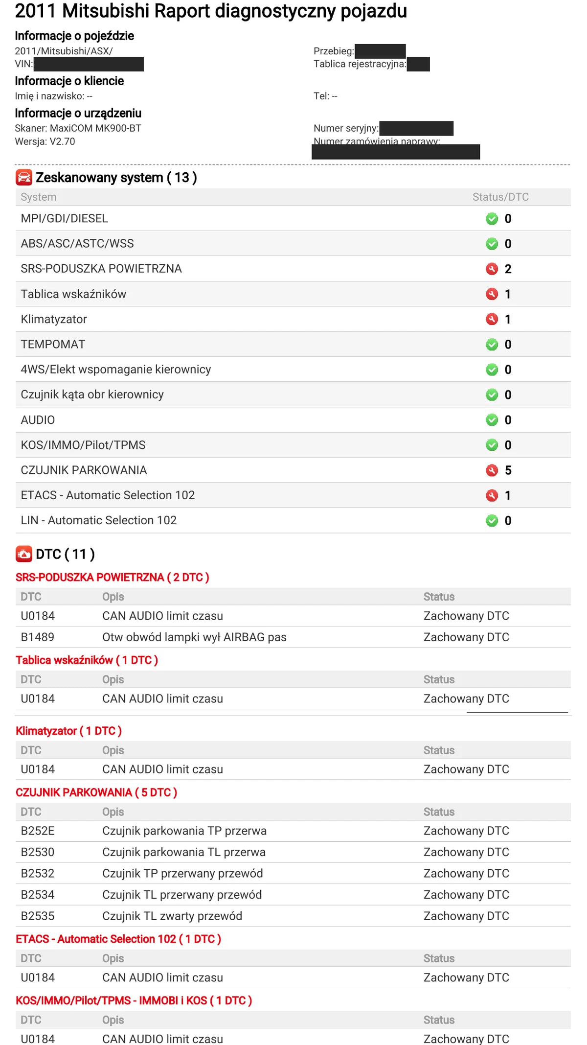 Raport testera Autel MaxiCOM MK900-BT, Mitsubishi ASX 2011, skan 1 przed skasowaniem: 13 sterowników, 11 kodów DTC — poduszki SRS 2, tablica wskaźników 1, klimatyzacja 1, czujniki parkowania 5 (B252E, B2530, B2532, B2534, B2535), ETACS 1, immobilizer 1, kod U0184 w pięciu modułach; VIN i numery zamaskowane