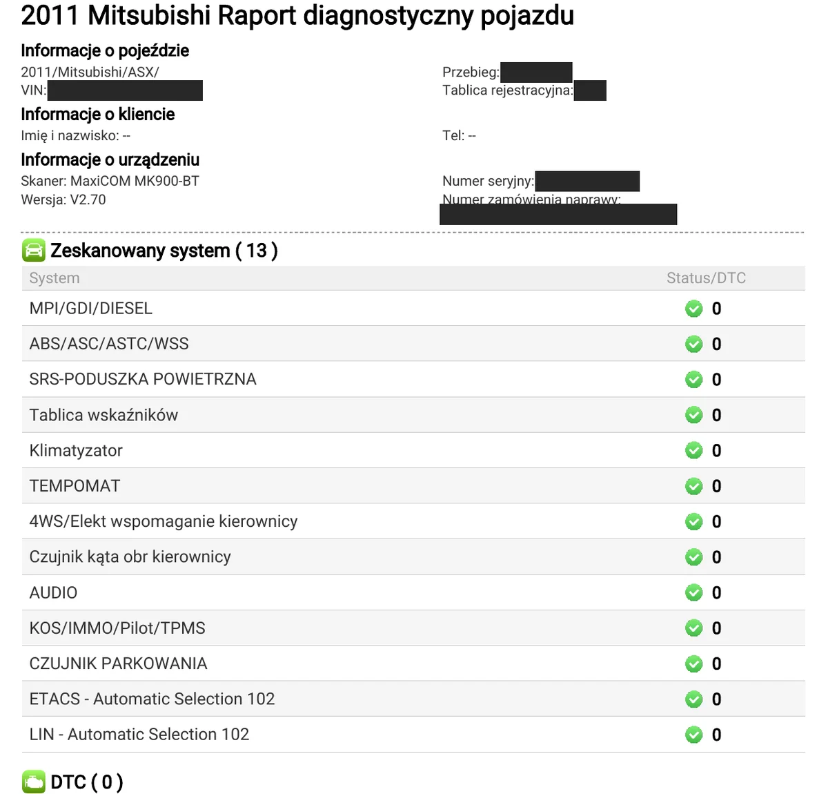 Raport testera Autel MaxiCOM MK900-BT, Mitsubishi ASX 2011, skan 2 po skasowaniu pamięci: wszystkie 13 sterowników z wynikiem 0, lista DTC pusta; VIN i numery zamaskowane